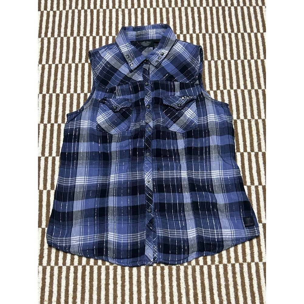 Harley Davidson Vest Studded Plaid Sleeveless Shirt Women's Size Large Button Up